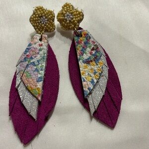Floral Seed Bead Earrings with Multicolor and Fuchsia Accents